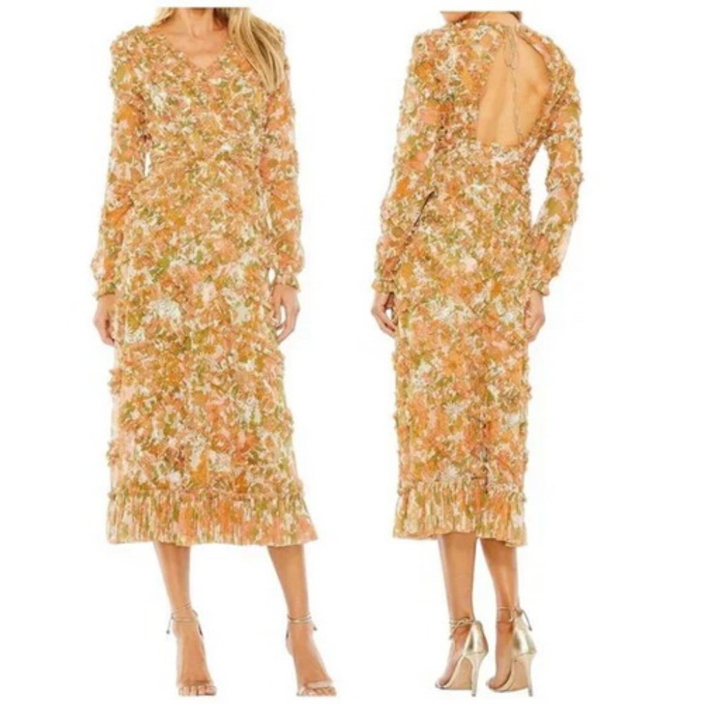 Mac Duggal Orange Multi Floral Print Cutout Back Tea-Length Dress